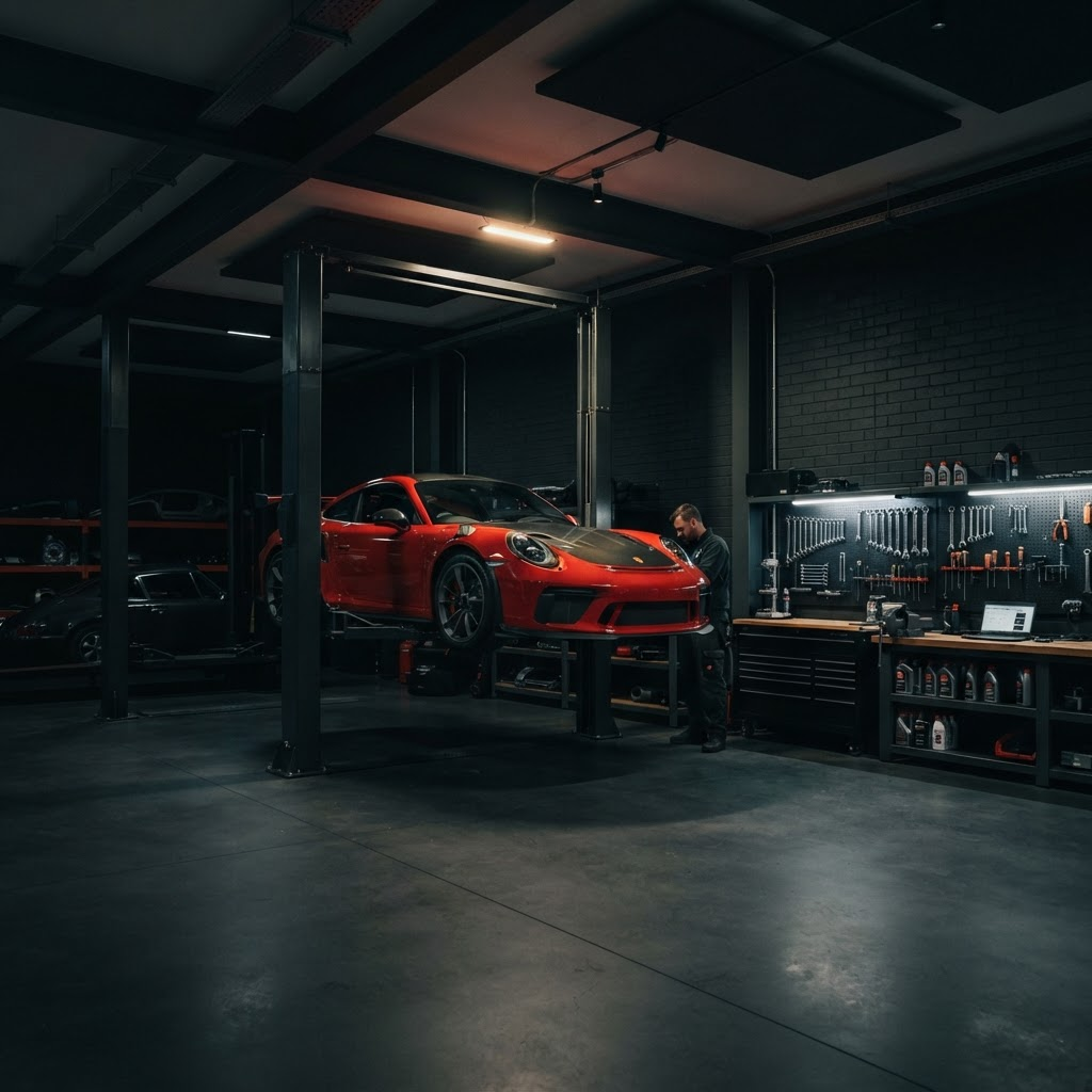 Interior de oficina automotiva moderna e organizada com carro em elevador