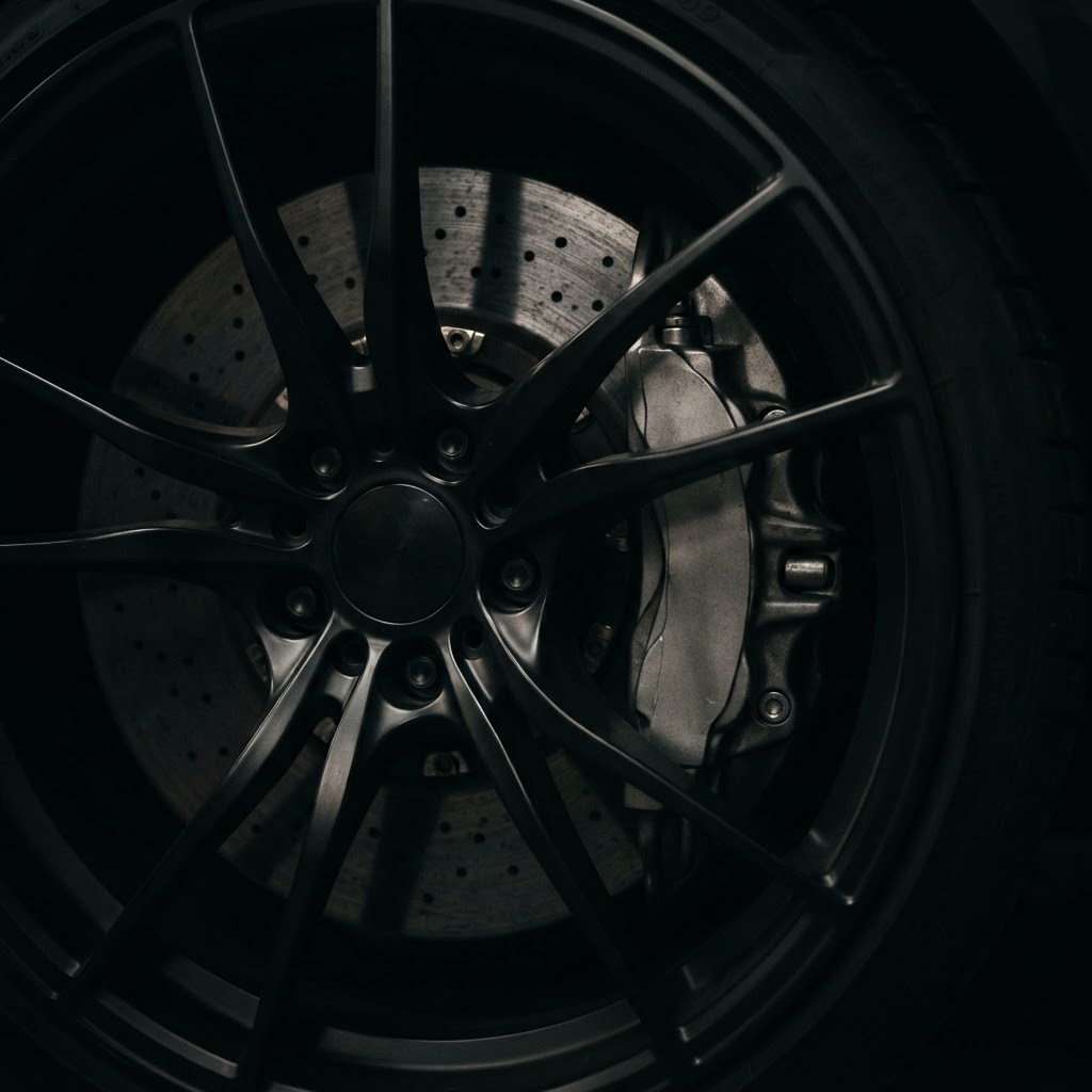 Detalhe de roda de liga leve e disco de freio de um carro premium