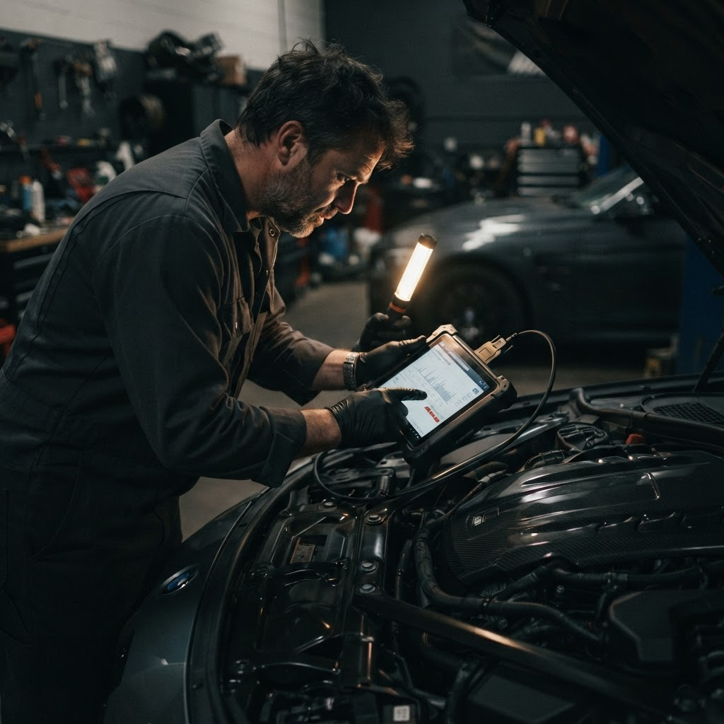 Mecânico utilizando tablet de diagnóstico conectado a um carro moderno