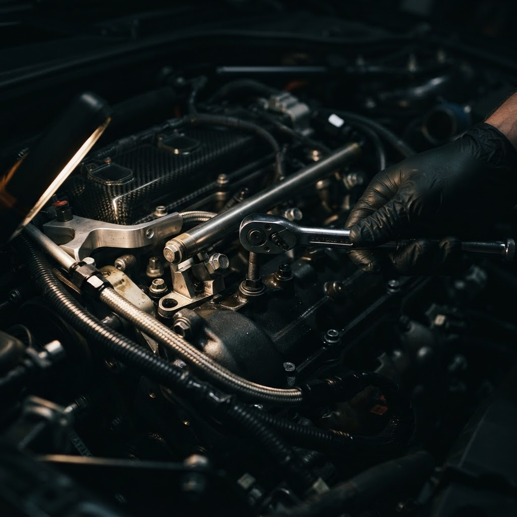 Detalhe do compartimento do motor de um carro durante manutenção