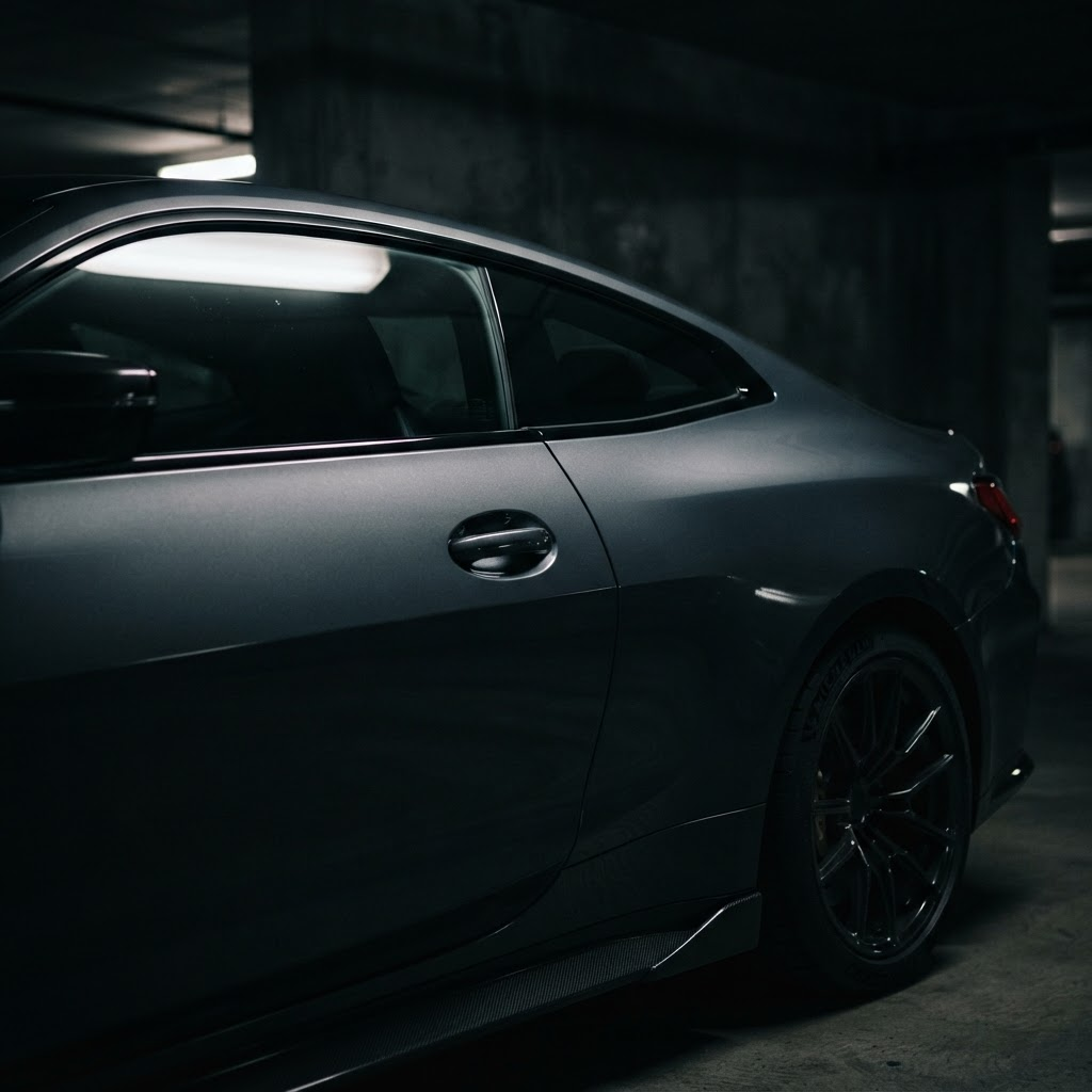 Perfil lateral de um carro moderno premium com iluminação dramática