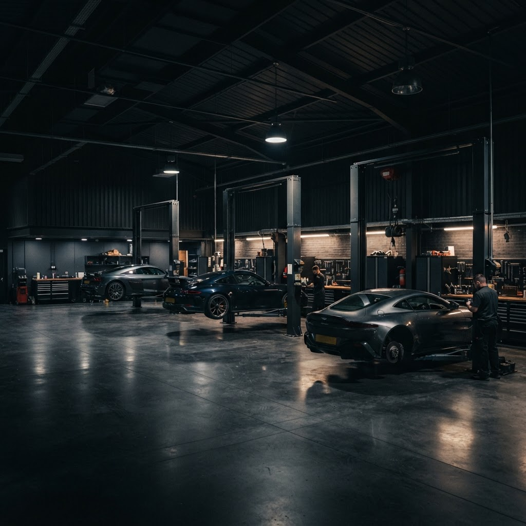 Vista ampla de uma oficina automotiva moderna com carros em elevadores