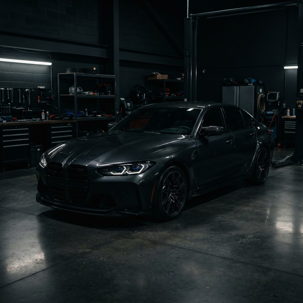 Carro premium moderno em oficina automotiva escura com iluminação cinematográfica